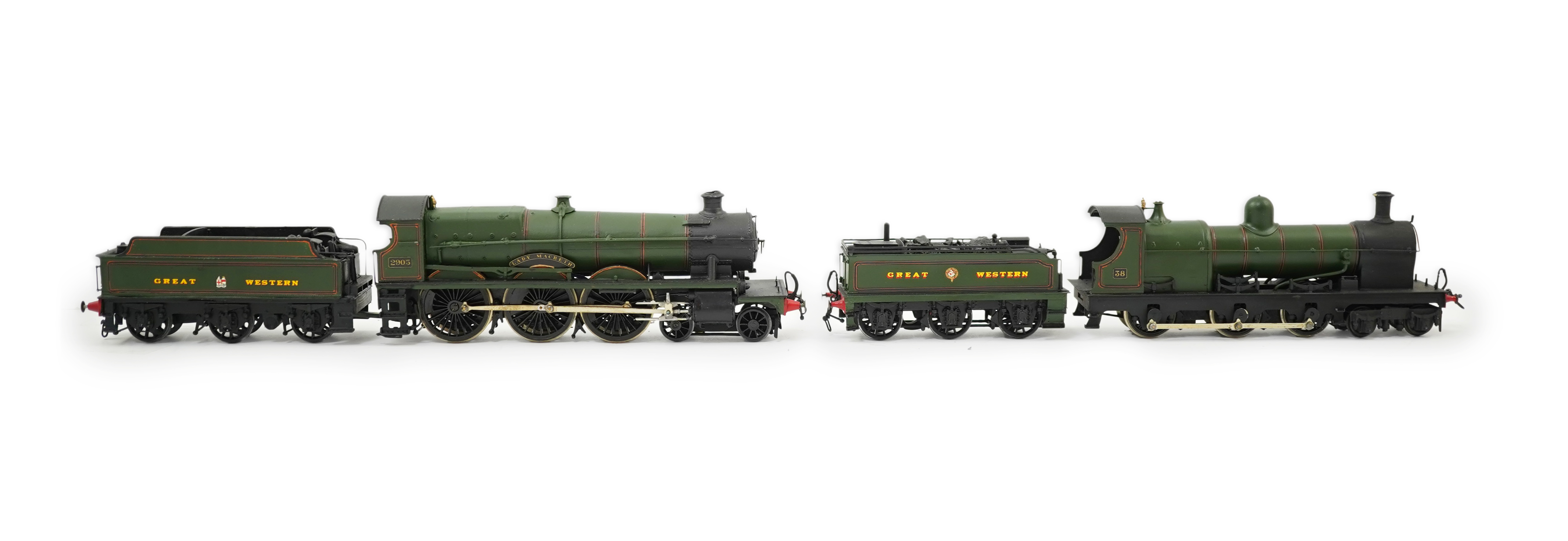 Two 00 gauge brass and white metal kit built GWR tender locomotives; a 2900 class 4-6-0, Lady Macbeth 2905, together with a Dean ‘Crocodile’ No.38 4-6-0, constructed, painted and lined to a high standard, both motored fo